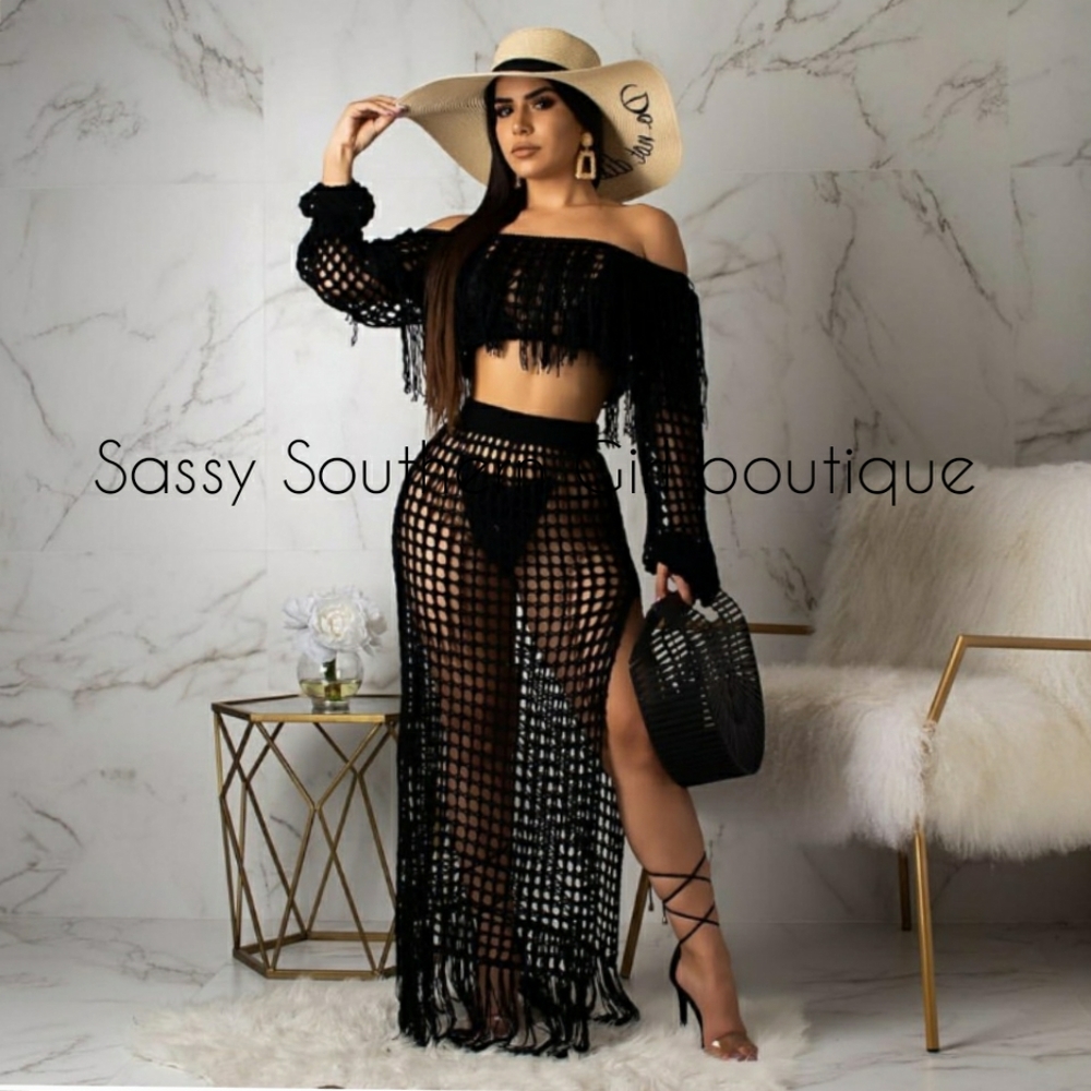 🆕⭐Boho Black crochet maxi 2 piece skirt set